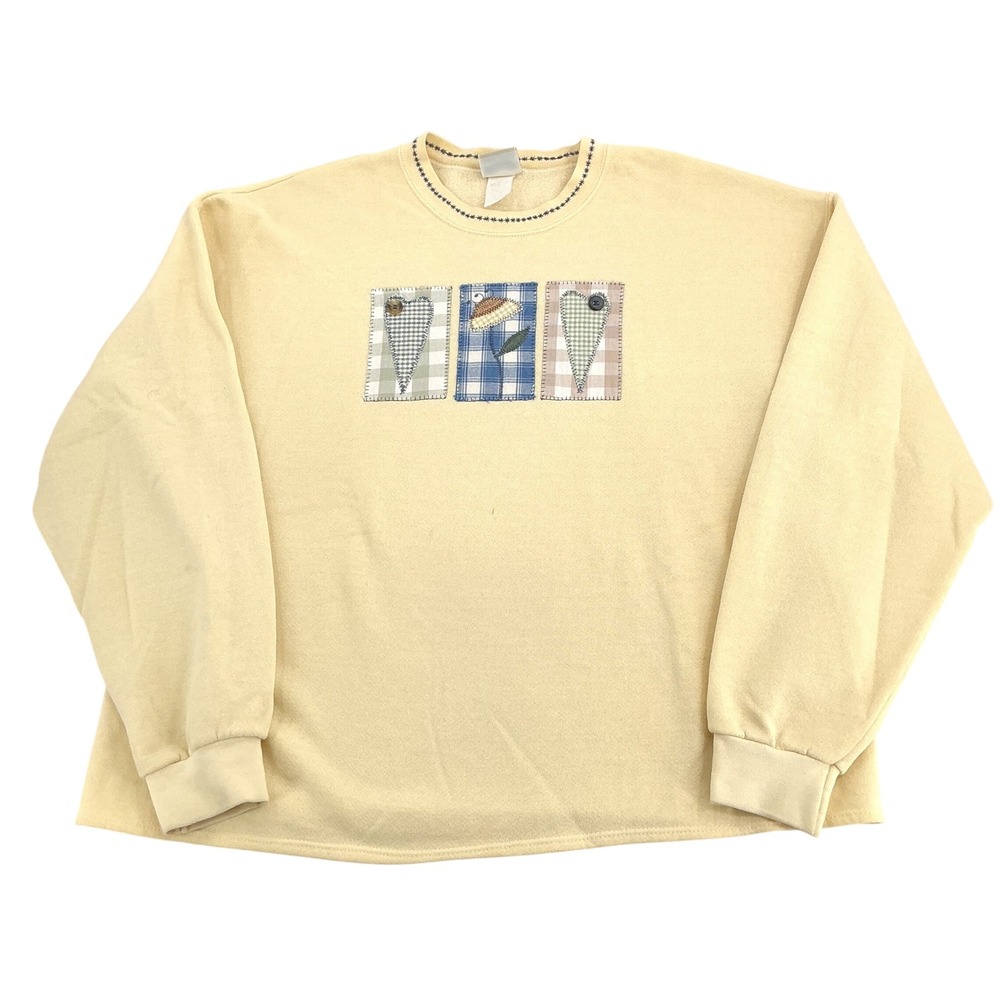 Vintage Lee Sweatshirt Women XL Yellow Patchwork Heart Floral Grandmacore